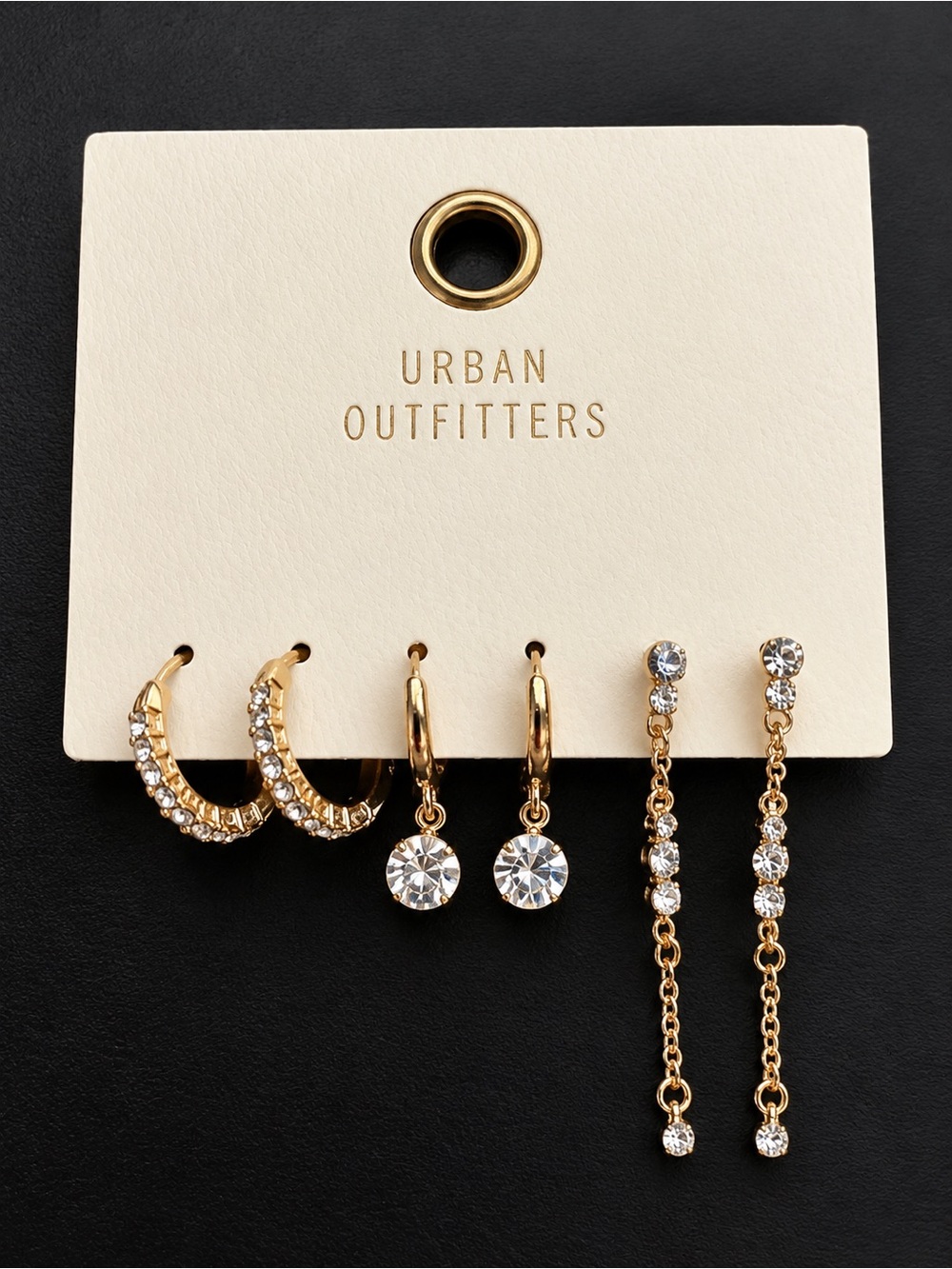 Urban Outfitters Gold Crystal Hoop, Drop and Chain Earring Trio